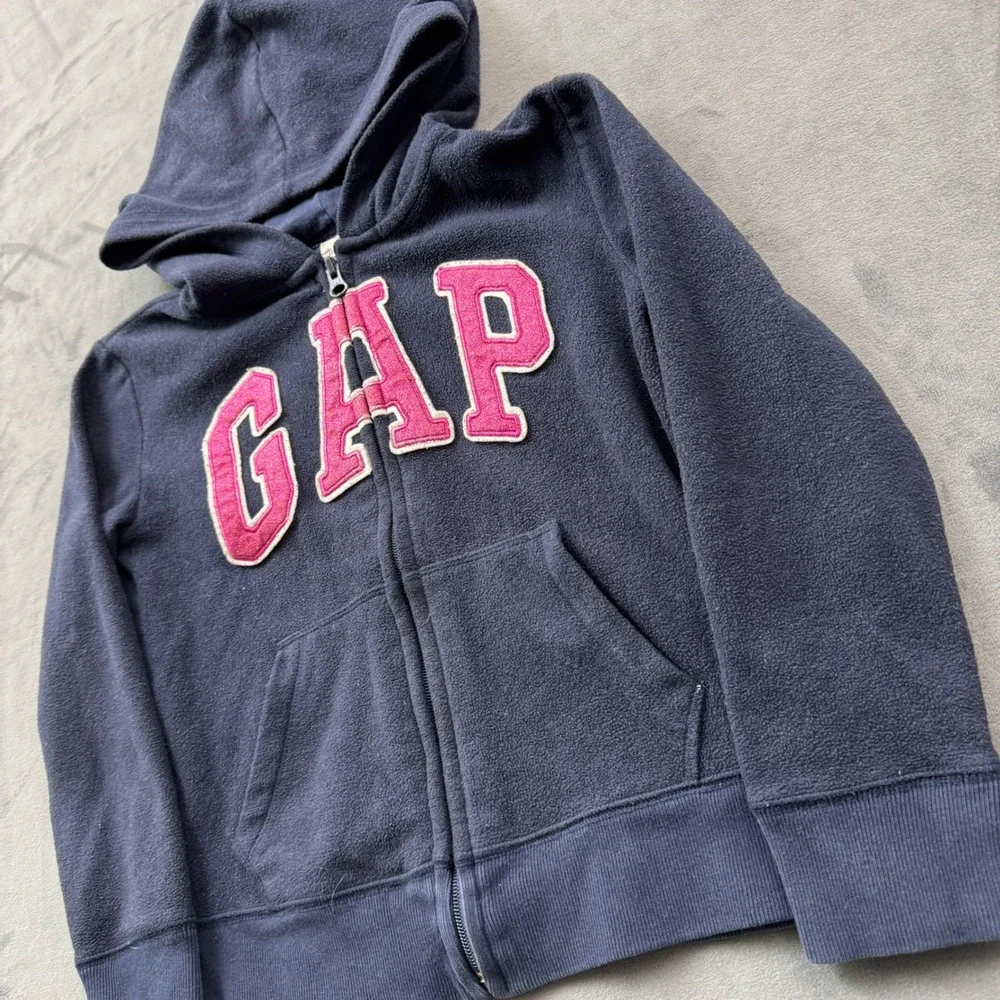 Gap Kids Navy Blue Pink Glitter Logo Fleece Zip Up Hoodie Sweatshirt Size M 8